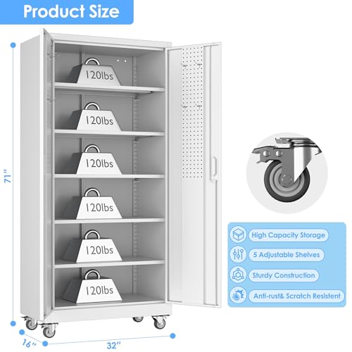 Aobabo Steel Garage Cabinet with Wheels, 71" H x 32" W x 16" D, White | 5 adjustable shelves, lockable doors, pegboard panel and 4 casters with 2 locking brakes; assembly required. - color: White, size: 16"D x 32"W x 71"H-0 Drawers