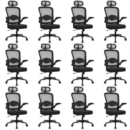 KLASIKA Desk Chairs with Wheels, Ergonomic Mesh Back Home Office Chair with Headrest, Adjustable Lumbar Support Swivel Rolling Computer Chairs Flip Up Arms for Conference Meeting Room, Black, 12PK - color: Black_villy_headrest, size: 12PK
