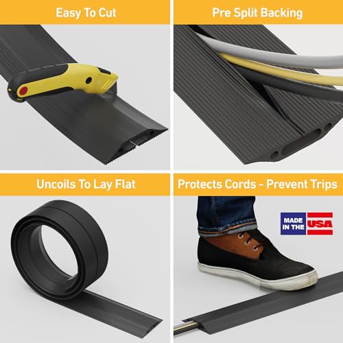 D-Line 6ft Floor Cord Cover, Made in USA Linkable Cable Protector, Hide Extension Cords, Protect Cords, Prevent Cable Trips, Cord Hider, Heavy Duty - Cord Cavity = 1.18" (W) x 0.39" (H) - Black - color: ['Black'], size: ['6 ft']