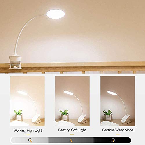 Clip on Reading Lamp, Battery Powered with 3 Brightness Levels, USB Rechargeable