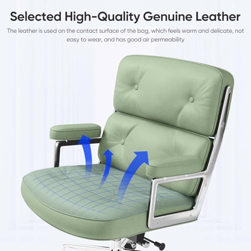 Genuine Leather Office Chair, Mid Back Executive Desk Chairs with Aluminum Arms and Wheels, Swivel Office Leather Chair with Thickened Backrest and Ergonomic Lumbar Support, Light Green - color: Light Green