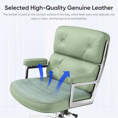 Genuine Leather Office Chair, Mid Back Executive Desk Chairs with Aluminum Arms and Wheels, Swivel Office Leather Chair with Thickened Backrest and Ergonomic Lumbar Support, Light Green - color: Light Green