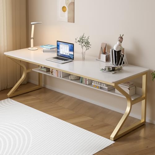71-Inch Extra Long Desk with Storage Shelf, Gold | Double Long Writing Table, Space-saving, 2-Person Workstation, Modern Study Work Computer Desk, For Home Office - color: Gold + White, size: 71x23.6 inch
