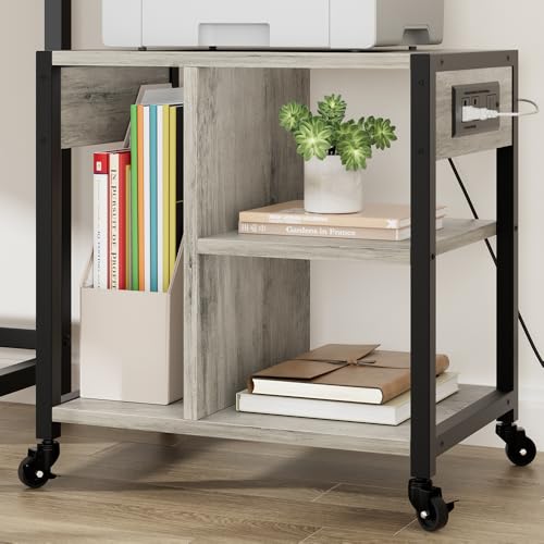 IDEALHOUSE Under Desk Printer Stand with Power Outlets and USB Charging Ports, Desktop Printer Table with Storage Shelf, 4 Tier Mobile Printer Stand with Wheels for Home Office, Rustic Gray