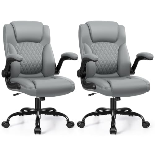 Leather Office Chair, PU Home Computer Desk Chairs with Ergonomic Back Support, 360°Swivel Free，Small Gaming Chair with Wheels and Adjustable Armrests, for Short People Use - color: Grey, size: 2 Pack