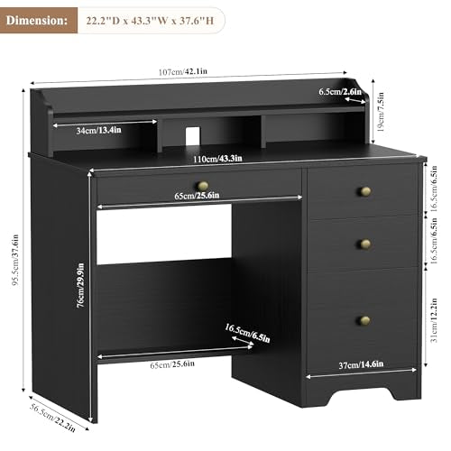 TTVIEW Computer Desk with Drawers and Hutch Shelf, Wood Executive Desk Writing Study Table with 43” Wide Tabletop, Small Desk with File Drawer for Home Office Bedroom, Black - color: Black