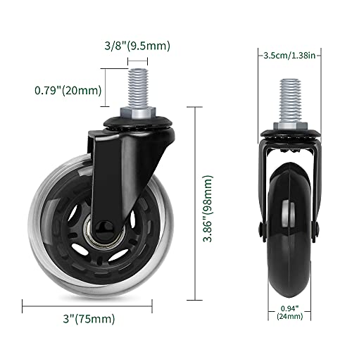 8T8 3 Inch Office Chair Caster Wheels Heavy Duty, Set of 5, 3/8"-16x1 (Not Metric M10), Threaded Stem Casters with Nuts, Replacement PU Rubber Wheels, Safe for Hardwood Tile Floors - style: Hex Nuts