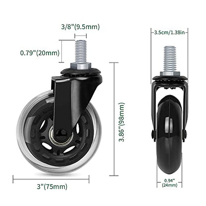 8T8 3 Inch Office Chair Caster Wheels Heavy Duty, Set of 5, 3/8"-16x1 (Not Metric M10), Threaded Stem Casters with Nuts, Replacement PU Rubber Wheels, Safe for Hardwood Tile Floors - style: Hex Nuts
