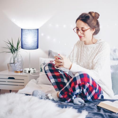 Set of 2 Touch Control Table Lamps with 2 USB & AC Outlet, 3-Way Dimmable Bedside Nightstand Lamps for Bedroom Living Room Nursery, 800 Lumens 5000K Daylight Bulbs Included - color: Navy Blue & Brushed Nickel