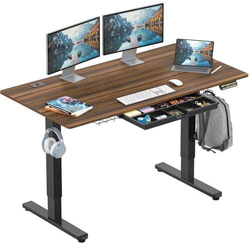 SHW 55 x 28 Electric Height Adjustable Standing Desk w/Drawer, Walnut - color: Walnut, size: 55-Inch
