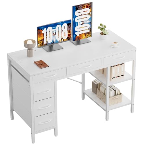 Sweetcrispy 47" Computer Desk with 6 Fabric Drawers & Storage Shelves - color: Pure White, size: 46.8 Inches