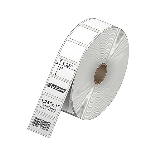 1.25" x 1" Thermal Labels | 6 Rolls | 14040 Labels | fits Zebra, Godex, Arkscan, iDPRT, Offnova Thermal Label Printers and More | Blank White Adhesive Stickers by Ecotherm - size: 1.25 x 1 - 14040 Labels