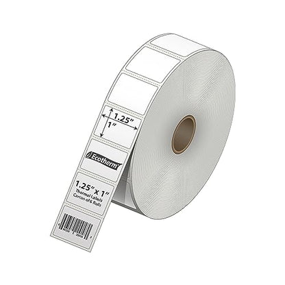 1.25" x 1" Thermal Labels | 6 Rolls | 14040 Labels | fits Zebra, Godex, Arkscan, iDPRT, Offnova Thermal Label Printers and More | Blank White Adhesive Stickers by Ecotherm - size: 1.25 x 1 - 14040 Labels