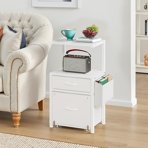 HIGDBFE File Cabinet with 2 Fabric Drawers & Dual Shelves, White | 2-Tier Printer Storage, Letter File Drawer, Reversible Side Bag, Smooth Drawer Slides, Rolling Support Board Prevent Collapse - color: White
