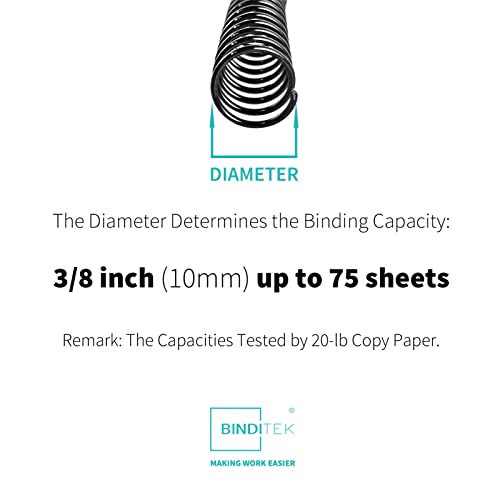 Binditek 50 Pack Plastic Spiral Binding Coils, 10mm(3/8"), 75 Sheet Capacity, 4:1 Pitch, Black, 48Loops, for Letter Size, for Students and Coworkers - size: 10mm, style: 50P , Black