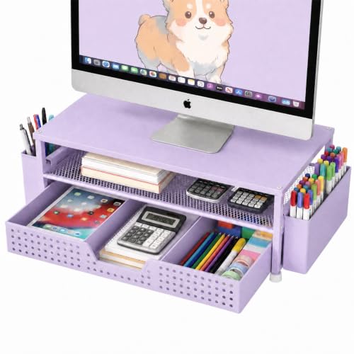 ECOLOVI Desk Organizer and Accessories, 2-Tier Computer Monitor Stand Rise with Storage Drawer & 2 Pen Holders, Laptop & Printer Stand for Desktop, Workspace Organizers for Office Supplies (Purple) - color: Purple