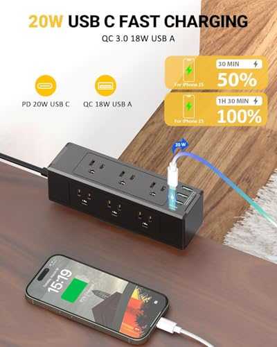 Desk Clamp Power Strip, Desktop Mount Charging Station with 9 Outlets 4 Smart USB Ports, 6.5Ft Under Desk Power Strip, Fits 1.6" Tabletop Edge, Extension Cord for Home Office, Black