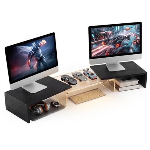 Dual Monitor Riser, Acrylic Monitor Riser with Keyboard Storage, Adjustable Angle & Length Computer Monitor Stand, Wide Desk Shelf for Top of Desk for Home Office_Black Maple Look - color: Black, size: 38 in - Keyboard Storage