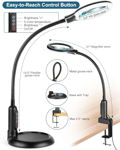 12X Magnifying Glass with Light and Stand, Real Glass, LED 5 Color Modes, Brightness Stepless Dimming Lighted Magnifier Hands Free with Flexible Gooseneck Desk Clamp Lamp for Close Work, Craft, Hobby - color: Black