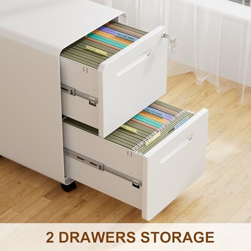 2 Drawer Mobile File Cabinet with Lock and 4 Keys | Metal Filing Cabinet for Home Office, Under Desk, Pre-Assembly, File Drawer, Letter/Legal/A4 Hanging File Folders - color: White, size: 25.8"H*15.7"W-2 Drawers