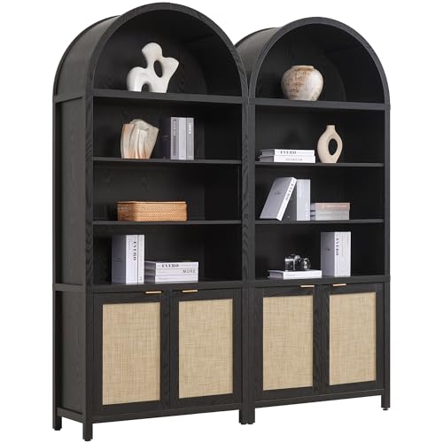 SICOTAS 84.2" Tall Arched Bookcase with Doors - 5 Tier Rattan Bookshelf - color: Black Oak, size: 2 Pieces