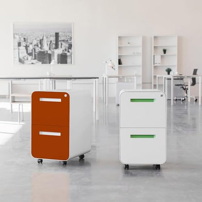 Laura Davidson Furniture Stockpile 2 Drawer Mobile File Cabinet with Lock - Under Desk Metal Filing Cabinet, Legal/Letter File Folders, Wheels and Stationary Feet, Pre-Assembled, White/Orange - color: White/Orange