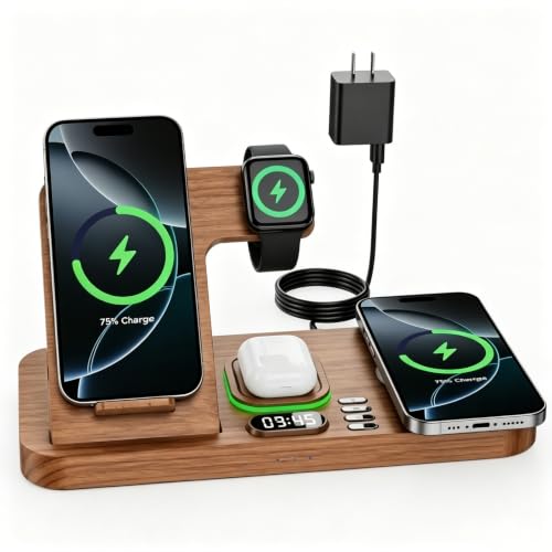 Dual Phone Foldable Wireless Charging Station for Apple Devices | Only for Apple Watch Charging, Cyclic Ambient Light, Digital Clock Display, Magnetic Wireless Charging for Phone, Portable - color: Woodgrain