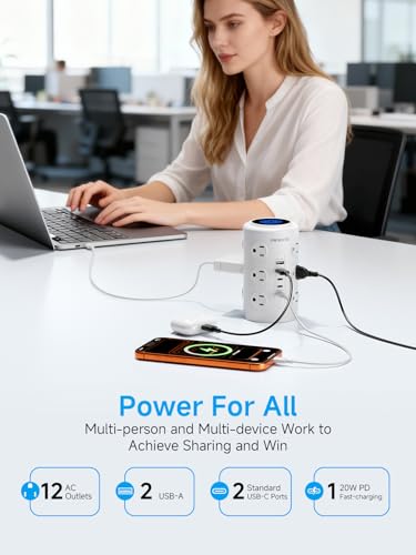 10FT Tower Power Strip with Dedicated 20W PD USB-C Port - color: White, size: 10FT
