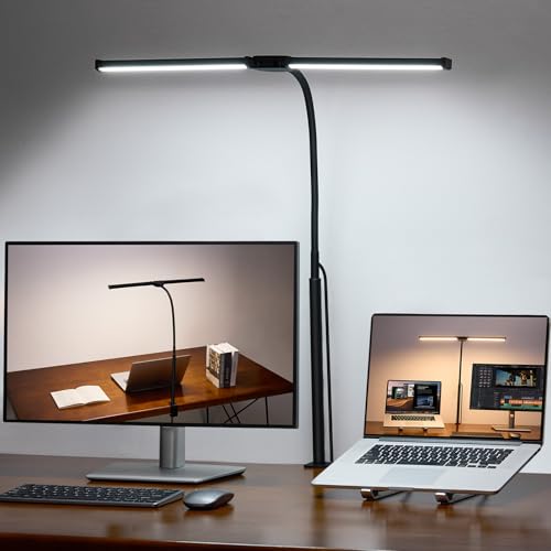 Voncerus LED Desk Lamp for Home Office, Double Head Desk Light with Clamp - color: Black Pro