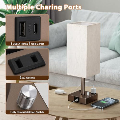 Brown Bedside Table Lamps Set of 2 - Dimmable, USB C+A, 2 AC Outlets | Stepless Dimmable by Rotary Knob, 3000K LED Bulbs Included, Square Cream Linen Shade, Nightstand Lamp for Living Room, Desk - color: Brown