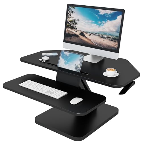 32 inch Corner Standing Desk Converter, Height Adjustable Sit Stand Desk Riser with Keyboard Tray, Black, GSD76