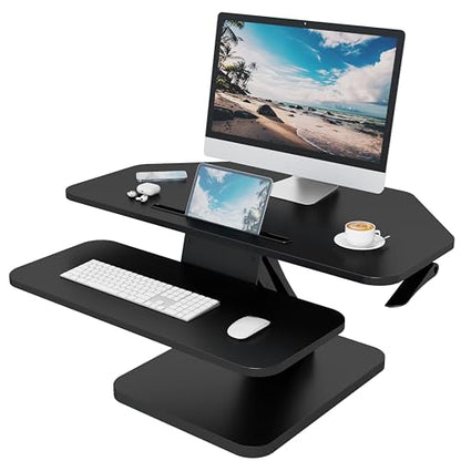 32 inch Corner Standing Desk Converter, Height Adjustable Sit Stand Desk Riser with Keyboard Tray, Black, GSD76