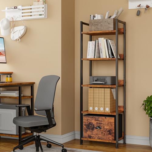 Furologee 5 Tier Bookshelf with Drawer, Tall Narrow Bookcase with Shelves, Wood and Metal Bookshelves Storage Organizer, Industrial Display Standing Shelf Unit for Bedroom, Living Room, Rustic Brown - color: Rustic Brown, size: 5 Tier -1 PCS