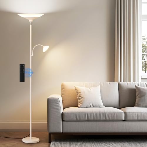 SIBRILLE Upgraded 2-Light Torchiere Floor Lamp - 34W Color Changing Standing Lamp with Remote, Rotatable Floor Reading Light, Modern Standing Light with for Living Room Bedroom Office, White - color: White