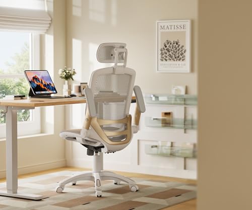 GABRYLLY Ergonomic Office Chair, High Back Home Desk Chair with Headrest, Flip-Up Arms, 90-120° Tilt Lock and Wide Cushion, Big and Tall Mesh Chairs for Man Woman, White Task Chair - color: White Frame - Black With Subtle White Undertones Mesh