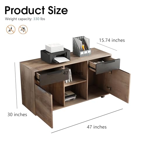 SAINTCY 2-Drawer File Cabinet with Wheels, Mobile Lateral Rolling Under Desk Filing Cabinet, Printer Stand with Open Storage Shelves for Home Office,Mahogany