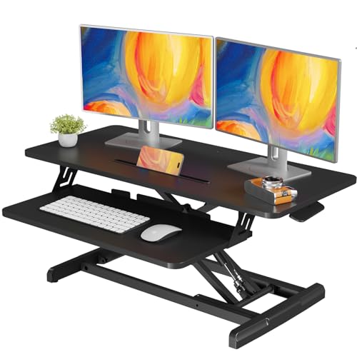 JOY worker Standing Desk Converter, 35" Wide Height Adjustable Sit Stand Up Desk Riser with Keyboard Tray, Desktop Workstation Riser for Home Office Computer Laptop, Particle Board, Black - color: Black, size: 35 Inch