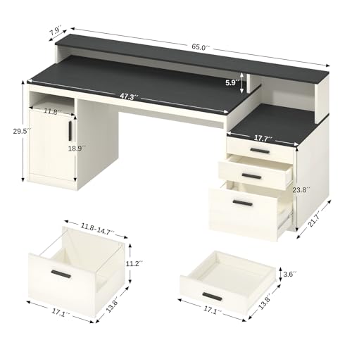 YOMILUVE 65" Computer Desk with 3 Drawers & Printer Shelf for Home Office - color: Black & White
