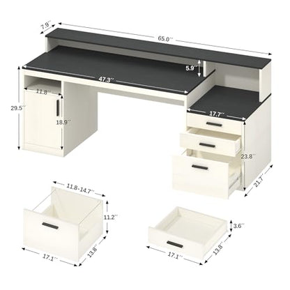 YOMILUVE 65" Computer Desk with 3 Drawers & Printer Shelf for Home Office - color: Black & White