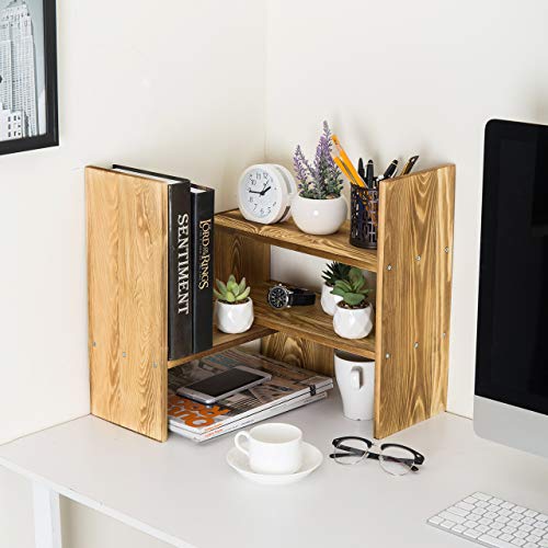MyGift Adjustable Dark Brown Solid Wood Desktop Storage Organizer Display Shelf Book Rack, Home Office Desk Decor Bookshelf - color: Dark Brown