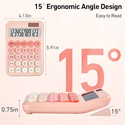 KANBIT Cute Pink Desktop Calculator, 12-Digit Basic Calculator with Large LCD Display and Responsive Buttons, Dual Solar & Battery Powered Calculator for Office, School, Home and Business