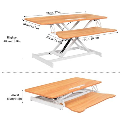 37" Desk Converter, Height Adjustable Stand Up Desk Converter, 2 Monitor Standing, Sit to Stand, Quick Sit to Tabletop, Riser Workstation with Wide Keyboard Tray - color: Log Color