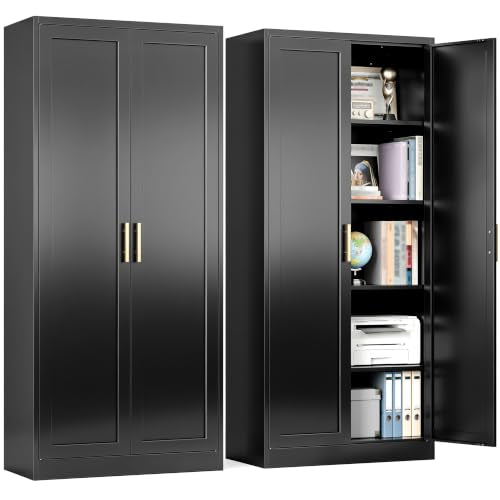 BESFUR 71" Tall Black Kitchen Pantry Cabinet, Metal Food Storage Cabinet with 4 Adjustable Shelves, Freestanding Cupboard with Doors for Kitchen, Dining Room, Living Room, Bathroom, Laundry Room - color: Black, size: 71"Hx 28"Wx 14"D