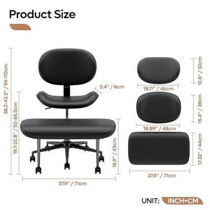 Cross Legged Office Chair with Wheels for ADHD, Ergonomic 360° Swivel Height-Adjustable Meditation Chair for Yoga, Wide Kneeling Chair with Strong Lumbar Support, PU Leather, Black - color: Black-pu