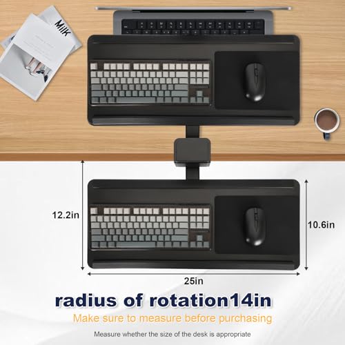 Adjustable Under Desk Keyboard Tray, 25"×10.6"360° Rotating Ergonomic Tray | Clamp On Keyboard and Mouse Tray with Drawer, Desk Mount Tray for Office Gaming Studying
