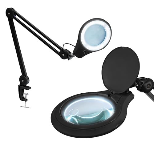 Neatfi LED Bifocal Magnifying Lamp 1,200 Lumens – 5” Glass Lens, Dual Magnification 3X/6X, Dimmable Task Light | Adjustable Arm with Clamp | Crafting, Jewelry & Reading (8 Diopter + 20 Diopter, Black) - color: Black, size: 8 Diopter + 20 Diopter