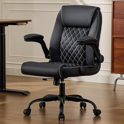 Executive Office Chair with Lumbar Support & Flip-up Arms, Black | Ergonomic Desk Chair, 90–115° Tilt & Rocking, 20.1" Wide Seat, PU Leather, for Home Offices & Conference Rooms, 300Lbs - color: Black