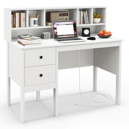 LDAILY Modern Home Office Desk with Hutch, Office Desk with USB Charging Ports and Power Outlets, Computer Desk with 5 Storage Cubbies and 2 Drawers, Writing Study Desk for Bedroom (White) - color: White