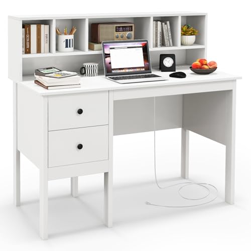 LDAILY Modern Home Office Desk with Hutch, Office Desk with USB Charging Ports and Power Outlets, Computer Desk with 5 Storage Cubbies and 2 Drawers, Writing Study Desk for Bedroom (White) - color: White