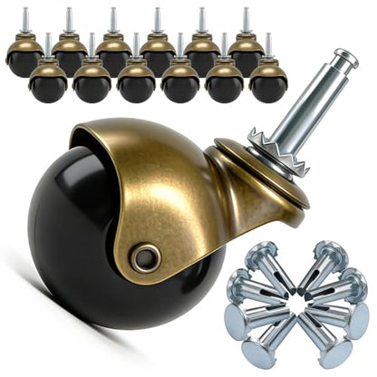 2" Ball Caster Wheels Set of 4, Antique Brass Furniture Casters with Stem & Sleeve, Heavy Duty Swivel Ball Casters for Chairs, Cabinets, Shelves, DIY Furniture (Bronze-12pcs) - color: Bronze-12pcs
